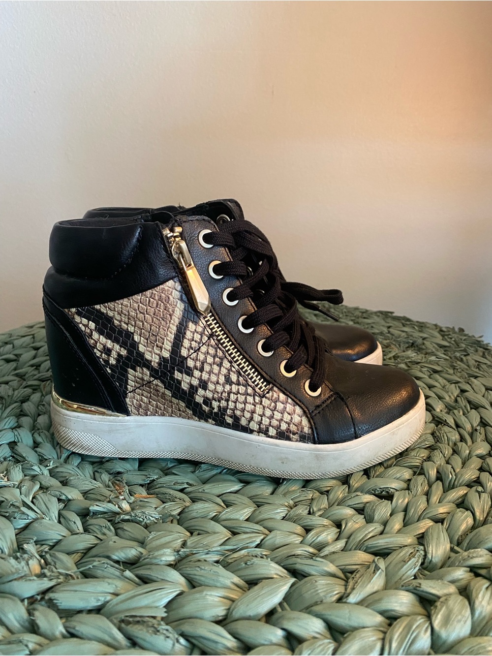 Aldo Black and Beige Snake-Print Wedge Sneakers
